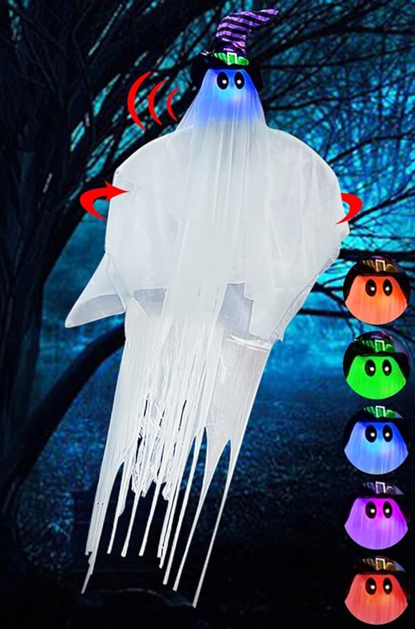Animatronic Hanging Ghost Sound Activated Color Changing Eyes Spooky Laugh Sound Lighted Flying Ghost Halloween Decoration Outdoor Haunted House Prop Yard